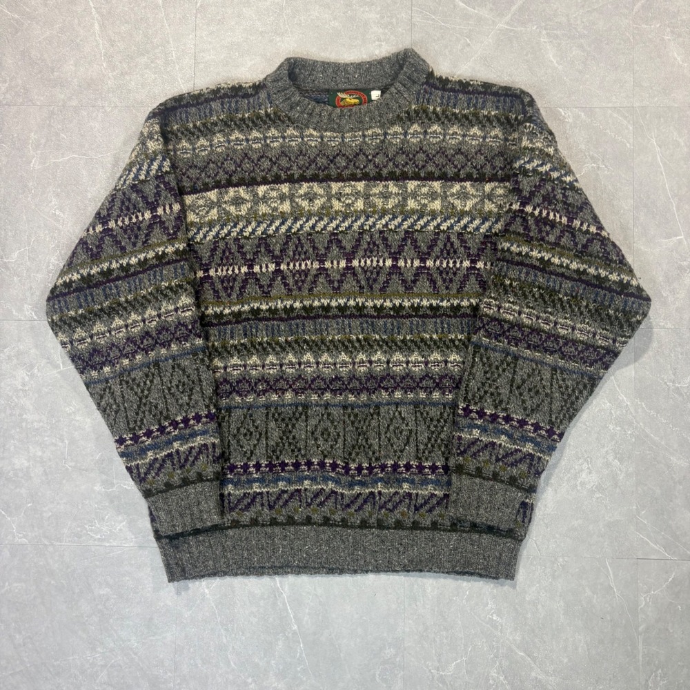 Vintage Alps Fine Apparel Men Grey Fair Isle Knit Crewneck Sweater Large